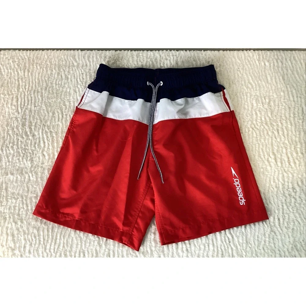 Speedo Swim Shorts Colorblock Red White Navy Men's S Elastic Waist Mesh Lining